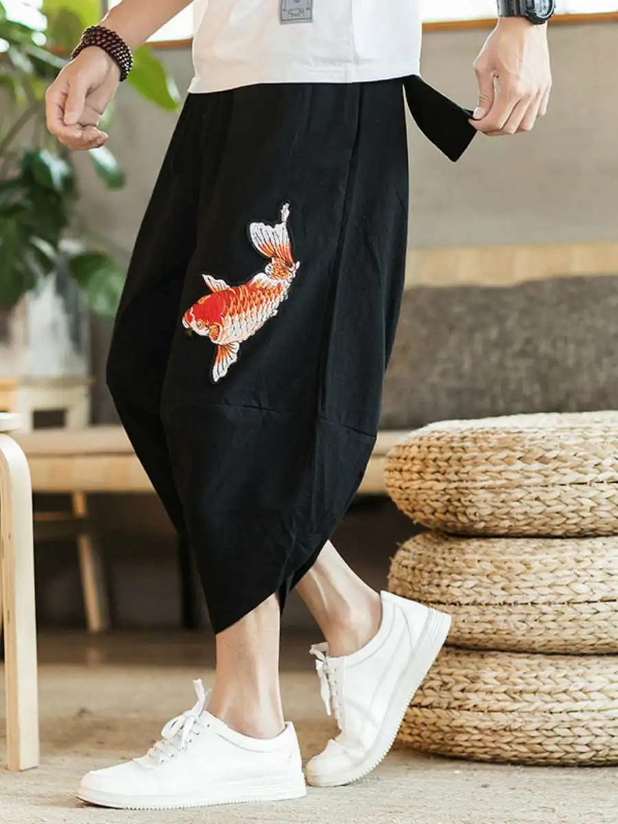 

New Arrival Linen Men's Casual Pants Embroidered Seven-Foot Length Harlan Sle Mid-Waist Thiened Fce Summer Wear