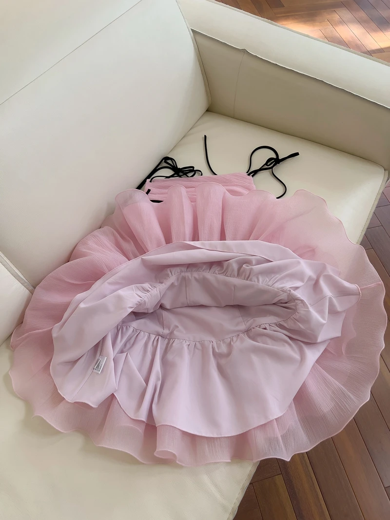 Vestido Corto de Cintura Alta con Tirantes y Lazo Rosa, Falda Pada para Mujeres de Baja Estatura, Falda en Línea A a la Mo...