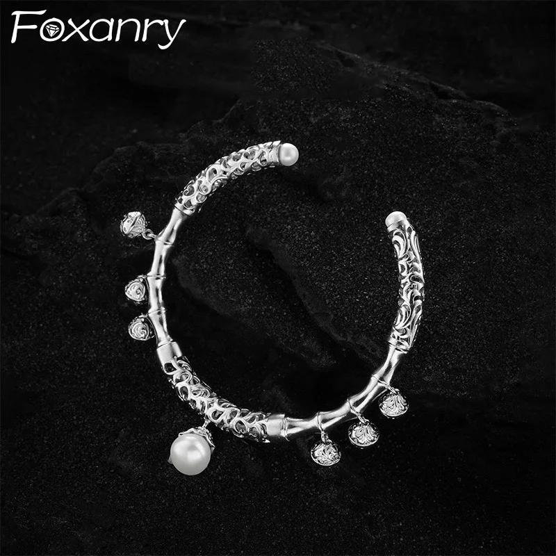 Foxanry Hollow Geometric Pearl Pendant Cuff Bracelet For Women Creative Heavy Industry Elegant Vintage Wedding Bride Jewelry Gif