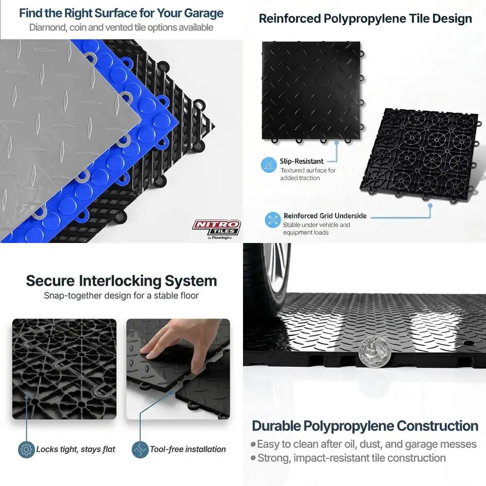 

12 x 12 Interlocking Garage Floor Tiles, Diamond Pattern Polypropylene Flooring, Heavy-Duty Non-Slip Snap-Together, Black, 52 Ti