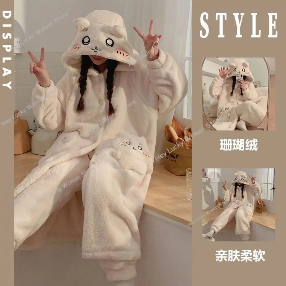 Kawaii Chiikawa Pajamas for Girls Coral Velvet Hooded Cartoon Y2K Hachiware Usagi Women's Velvet Home Clothes Autumn Winter Warm