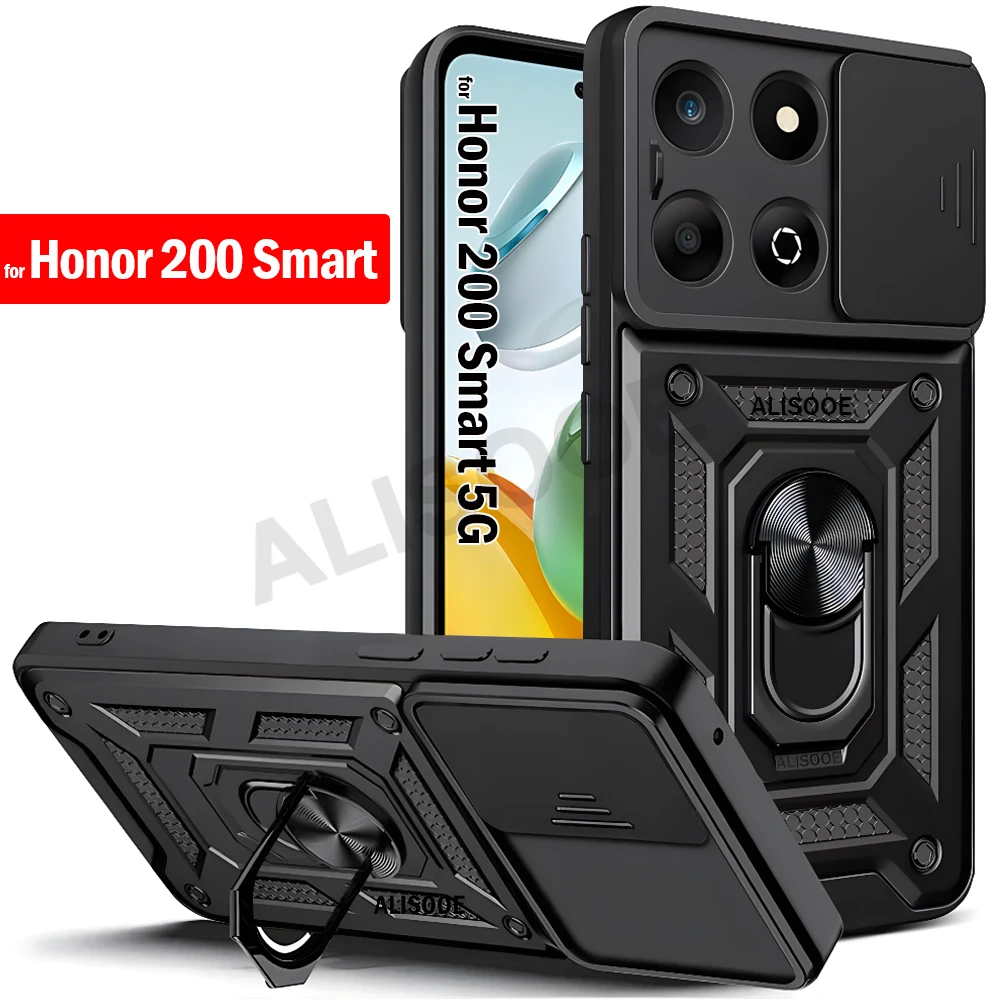 Funda for Honor 200 Smart Case Slide Camera Lens Ring Stand Holder Shockproof Phone Cover for Honor 200 Smart 5G Capa