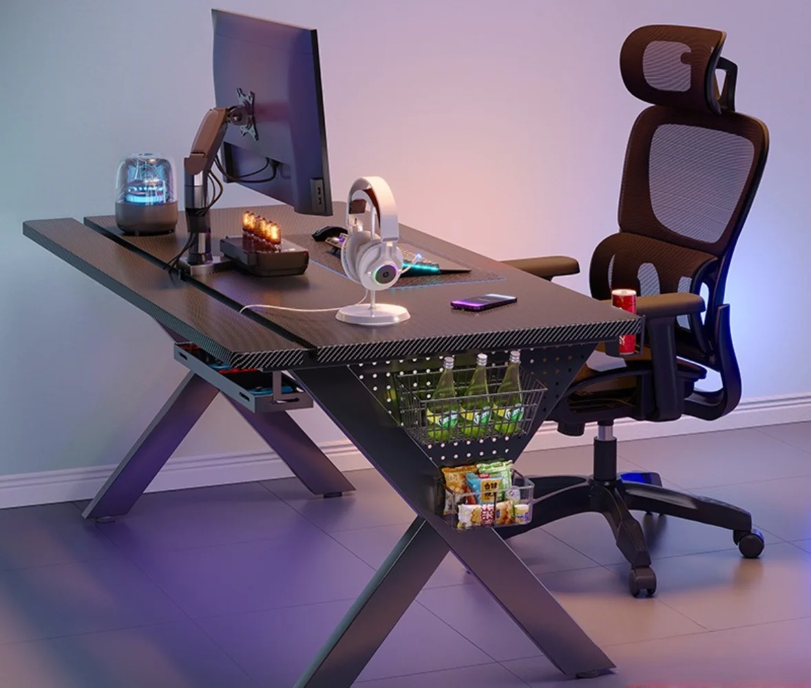 Solid Wood  Gaming Desk with Cable Management 75cm Large Computer Desk Carbon Fiber PC Desk with Pegboard Shelf for Home Office