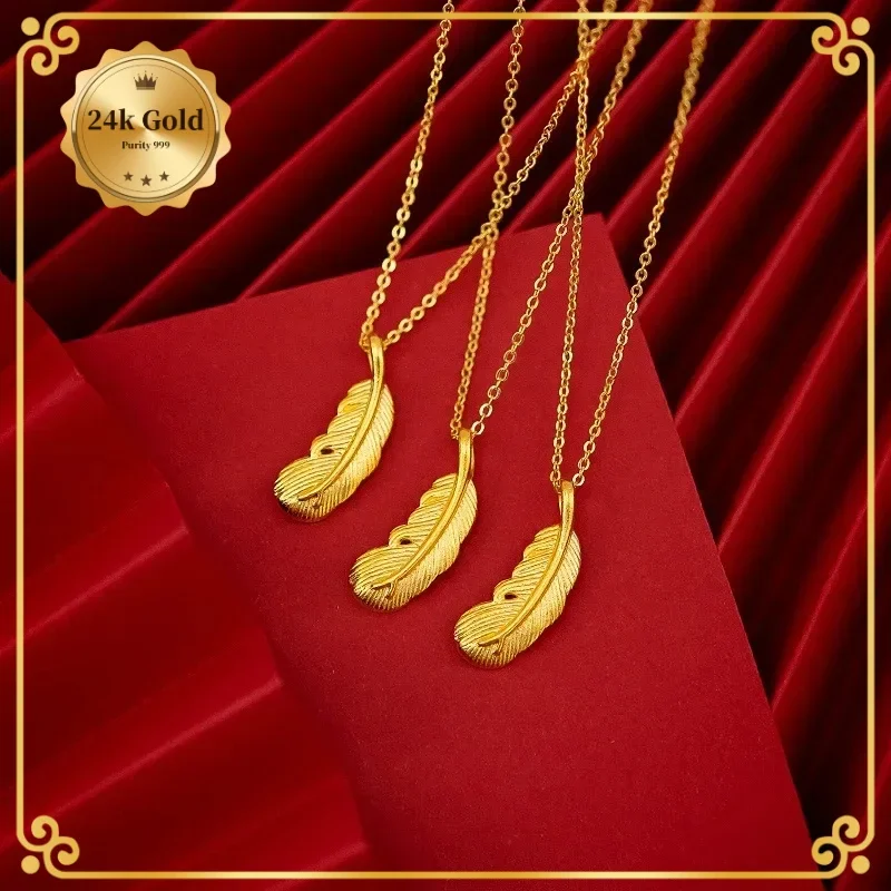 Luxurious 9999 real gold 24k yellow gold feather necklace pendant collares para mujer Holiday Gift