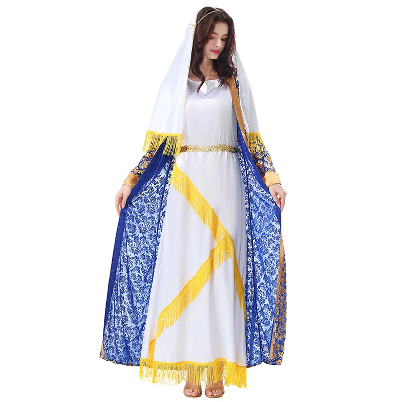 

Halloween Virgin Mary Cosplay Costume Women Long White Skirt Hooded Cloak Set Religious Theme Party Outfit Fancy Dress