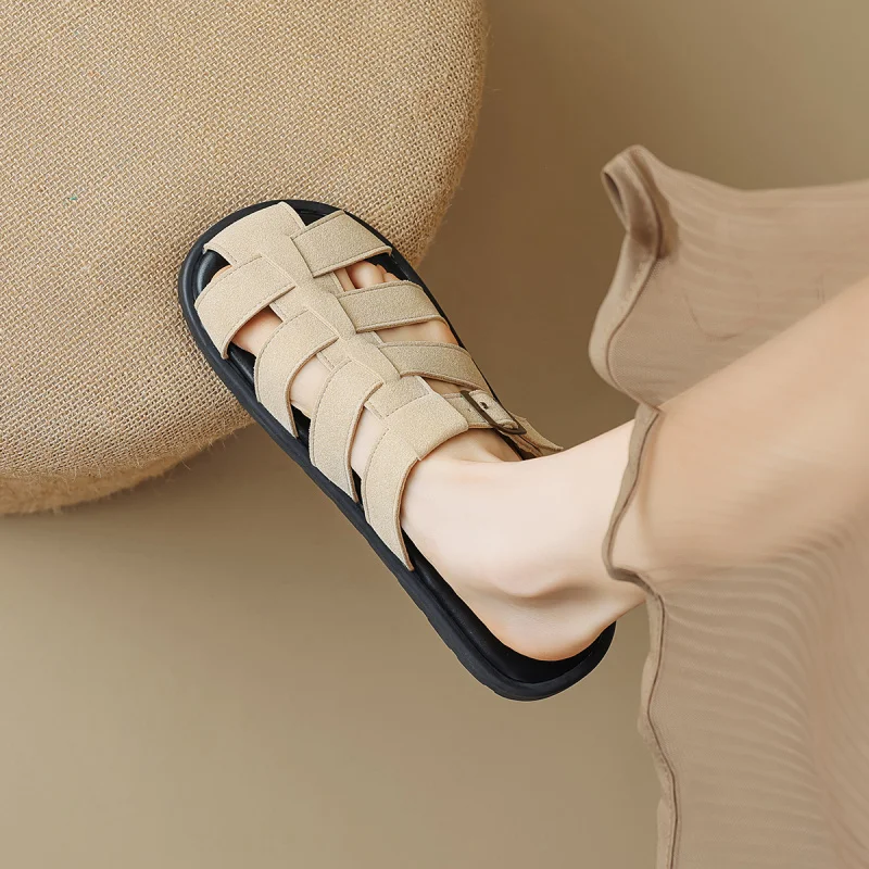 

French-style vintage closed-toe mules for women, woven Roman sandals for women, suitable for summer outdoor wear