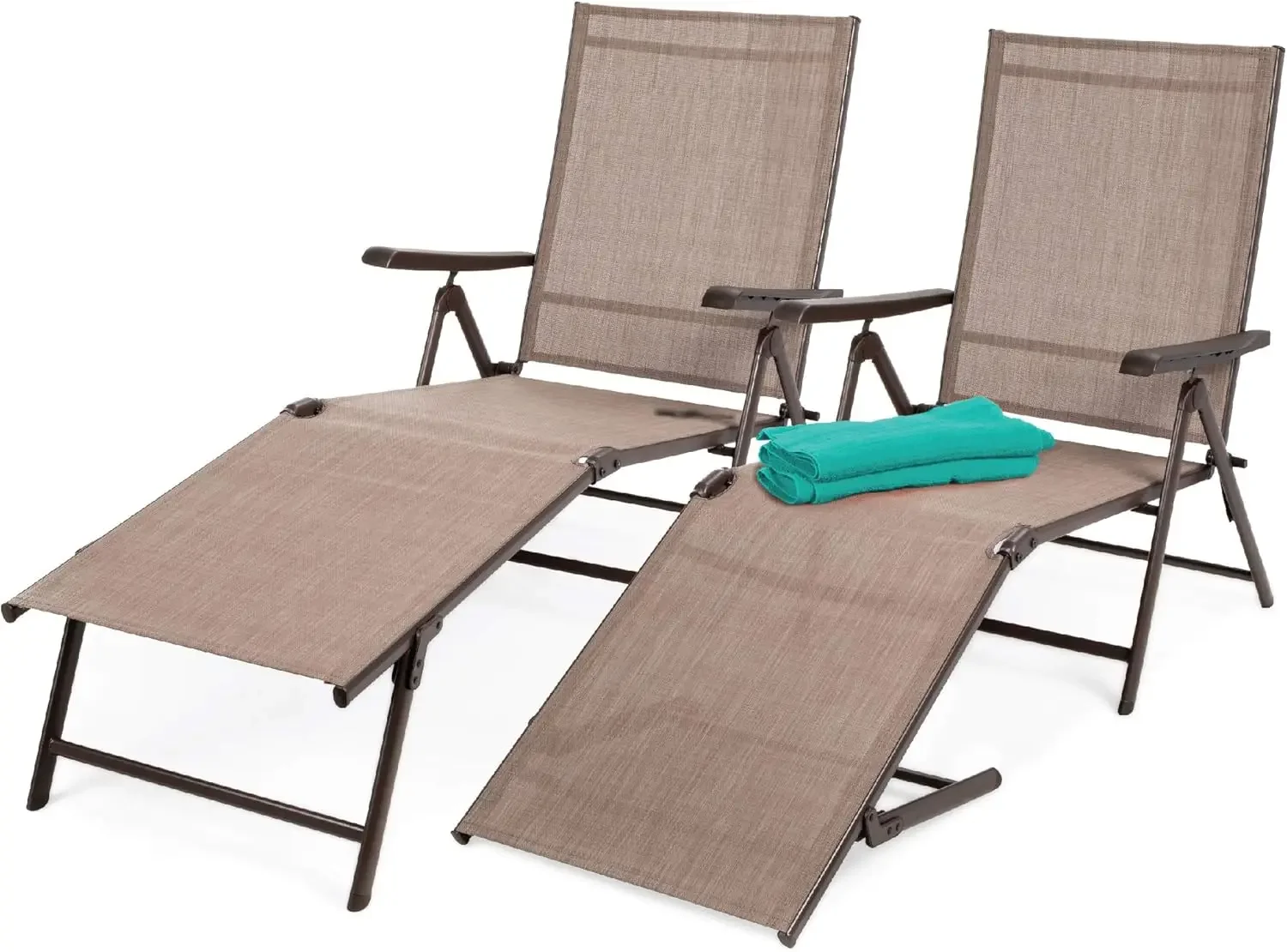 Set of 2 Outdoor Patio Chaise Lounge Chair Adjustable Reclining Folding Pool Lounger for Poolside, Deck, Backyard w/Steel Frame,