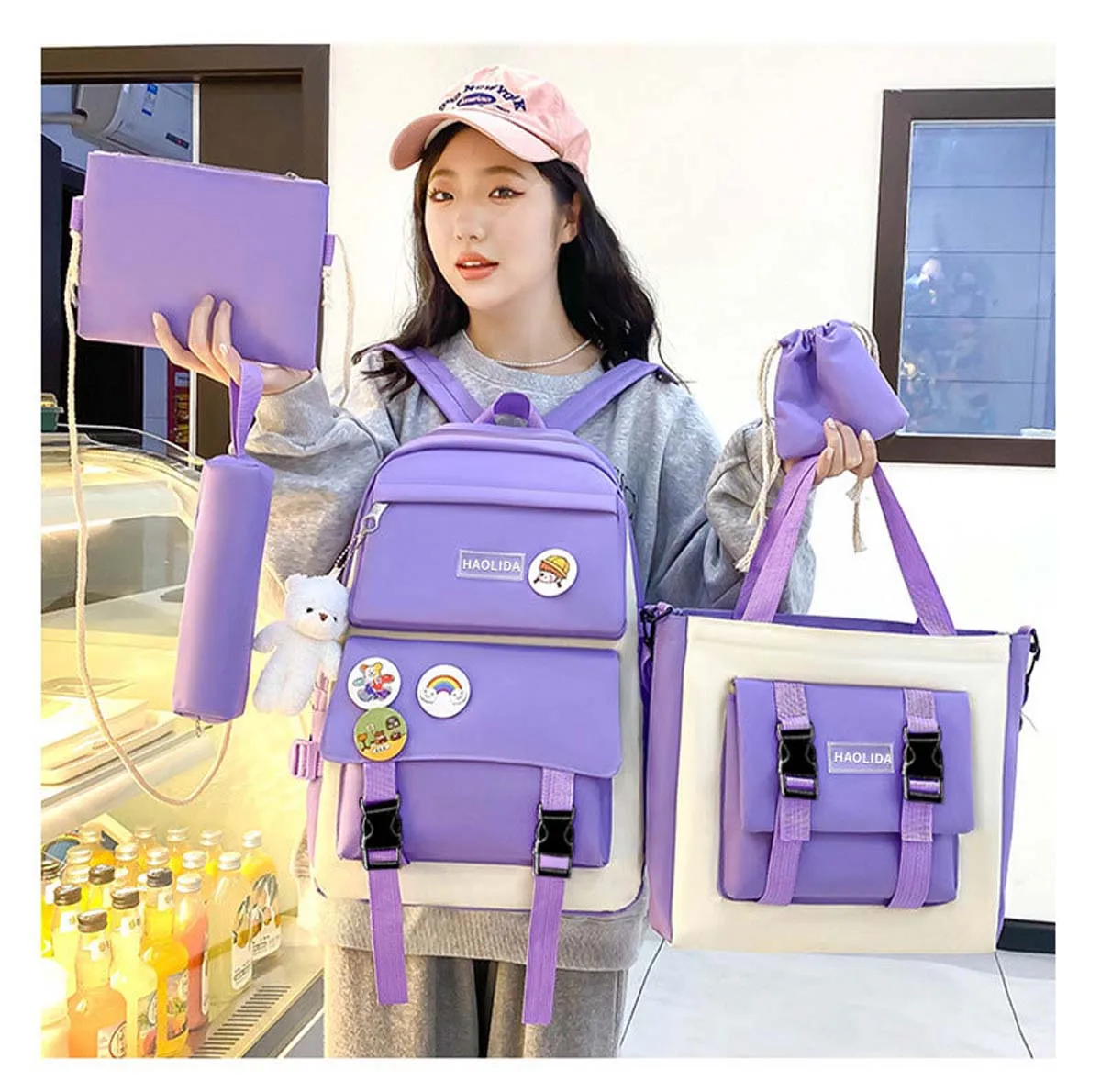 

Student schoolbag fresh campus style fashionable backpack five-piece set casual and lightweight travel computer backpack