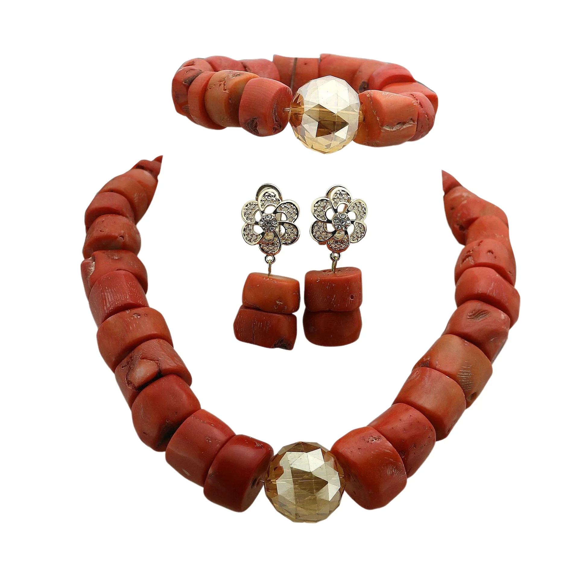 Nature Coral Jewelry Sets Nigerian Statement Beads Necklace Earrings Bracelet African Women Bohemian Choker Collar Wedding Gifts