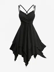 ROSEGAL Vestidos de talla grande para mujer, vestido negro informal con textura cruzada y pañuelo de tiras, vestido asimétrico