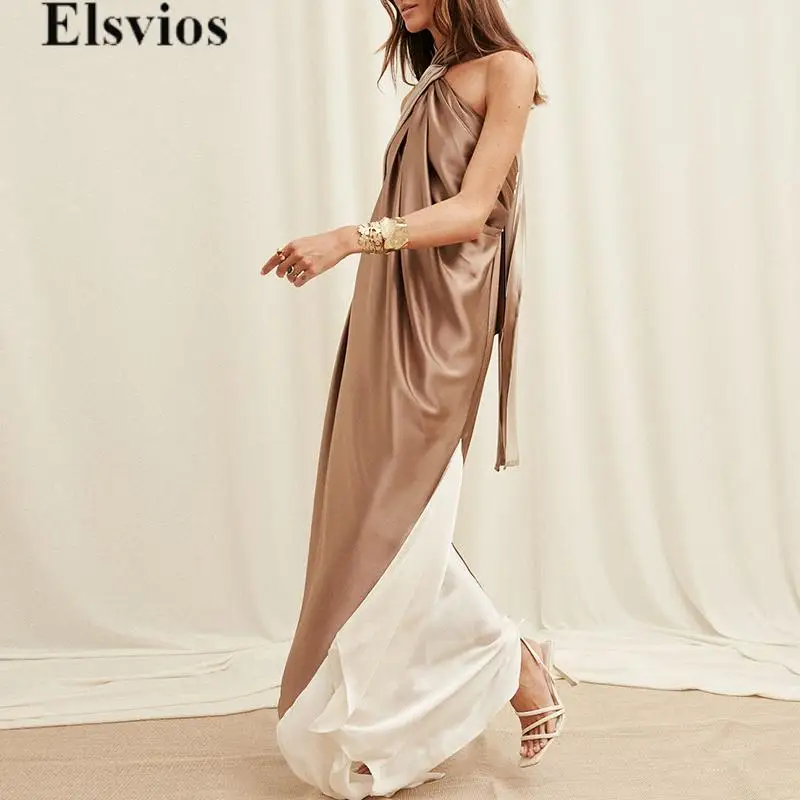 

Women Contract Color Silk Satin Dress 2024 Fashion Backless Cross Halter Maxi Dress Female Elegant Off Shoulder Stitching Dress