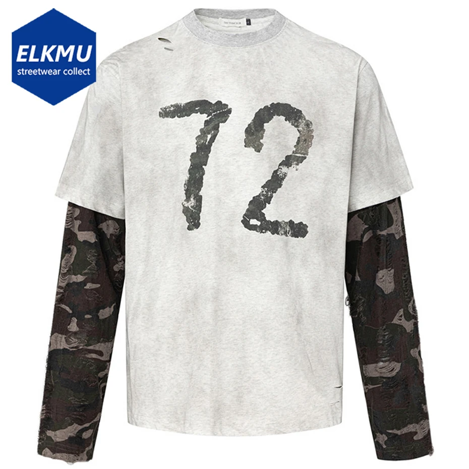 

Vintage Oversized T Shirts Camouflage Patchwork Fake Two Piece T-shirts Men Streetwear Harajuku Hip Hop Tshirts Tee Tops