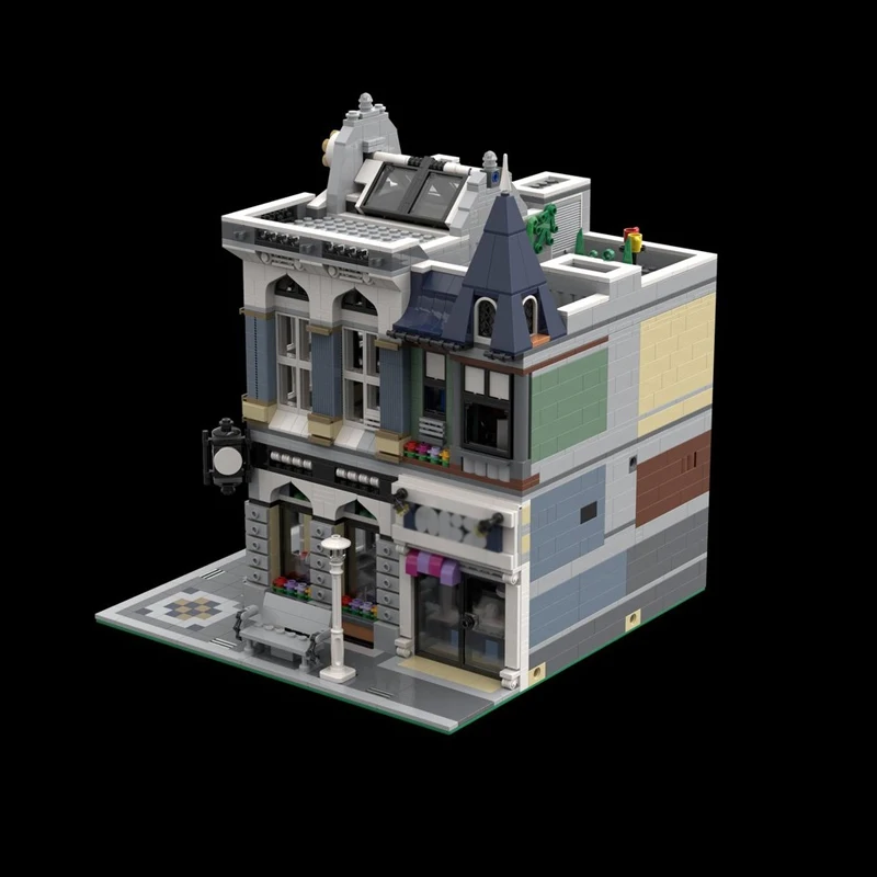 도시 스트리트 뷰 모델 MOC 빌딩 벽돌 벽돌 은행 건물 모듈 형 기술 선물 휴일 조립 어린이 장난감 정장