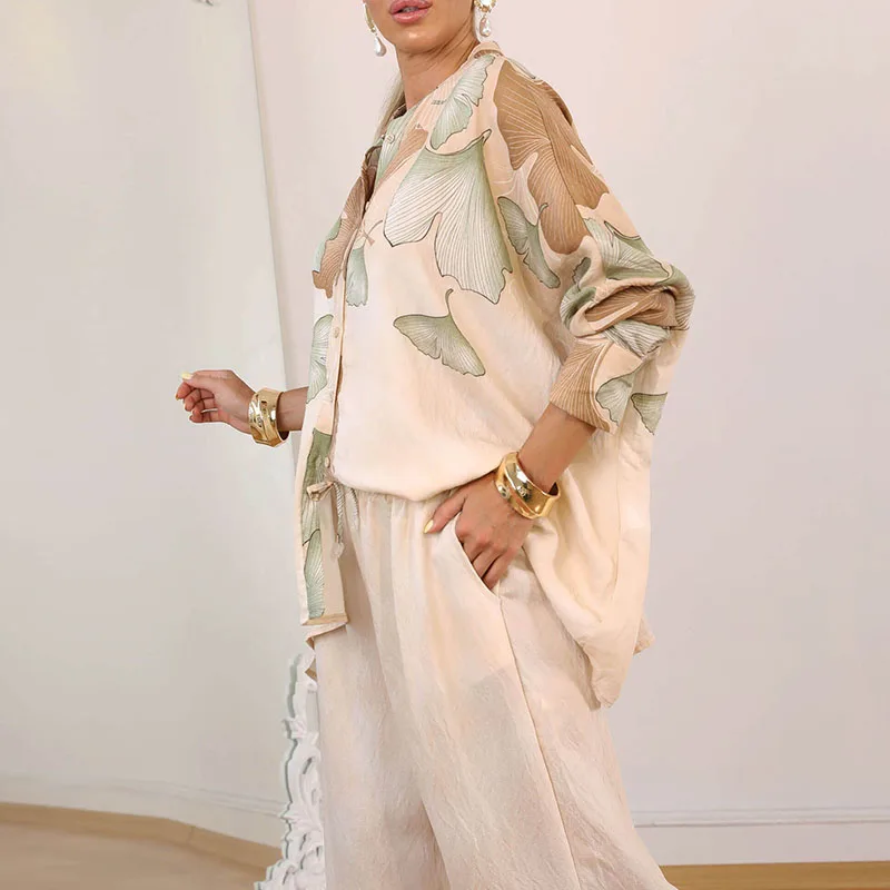 

Модные атласные женские повседневные комплекты из двух предметов, элегантные топы с длинными рукавами и брюки, винтажные свободные комплекты с цветочным принтом для поездок на работу