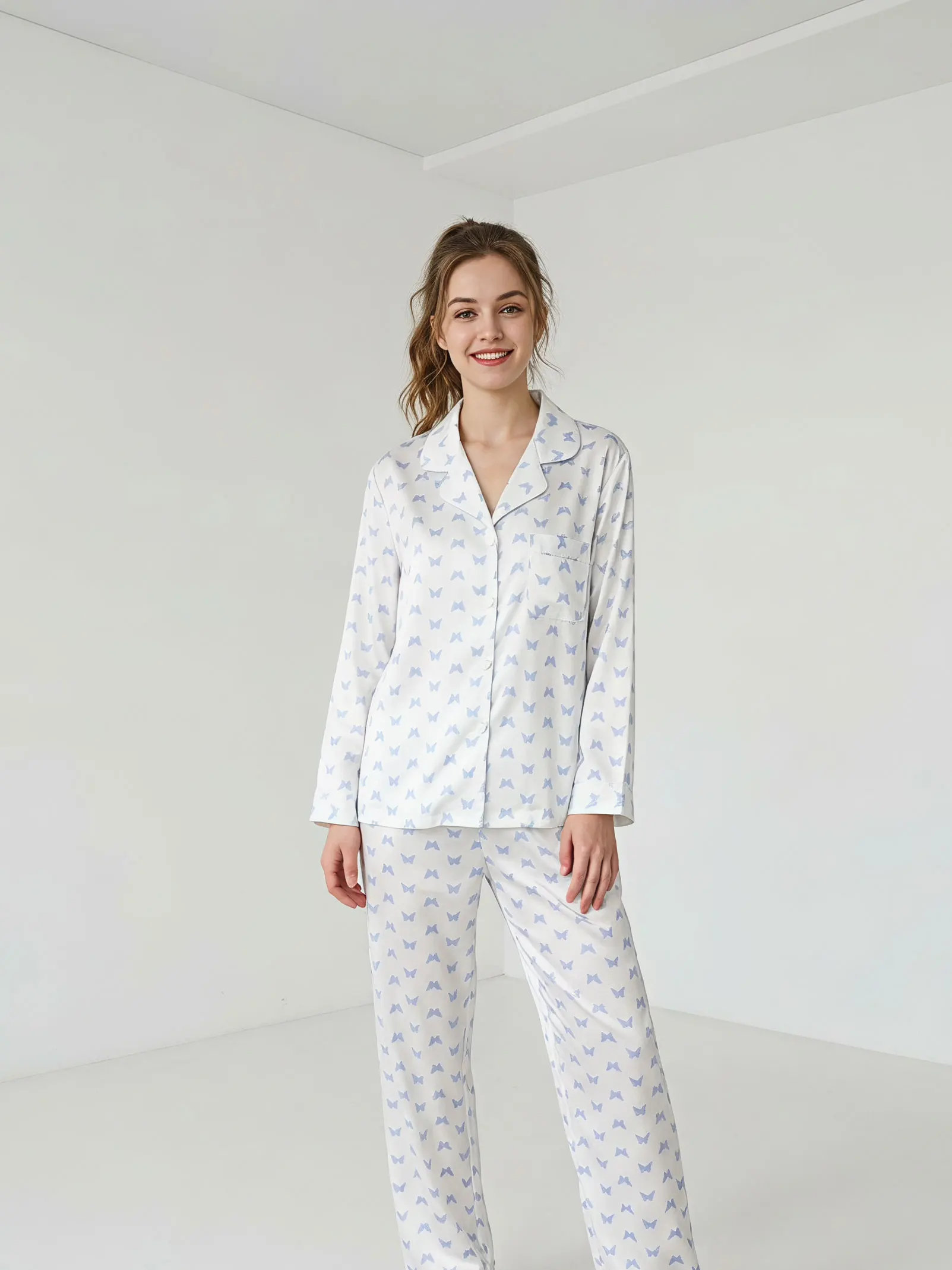 Women Silk Satin Pajama Set Long Sleeve Button Down Sleepwear Light Blue Butterfly Print Loungewear Soft Two-Piece Pjs Nightwear
