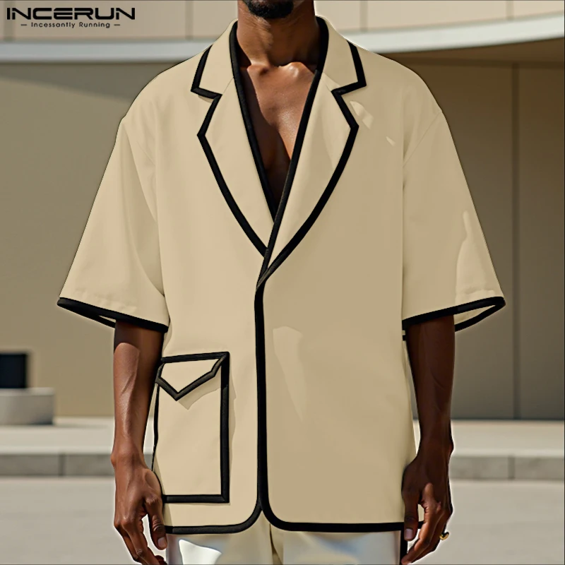

Fashion Patchwork Men Shirt Turn Down Collar Tops INCERUN Casual Male Shirt Thin Men's Clothing Streetwear Tee Oversize S-5XL