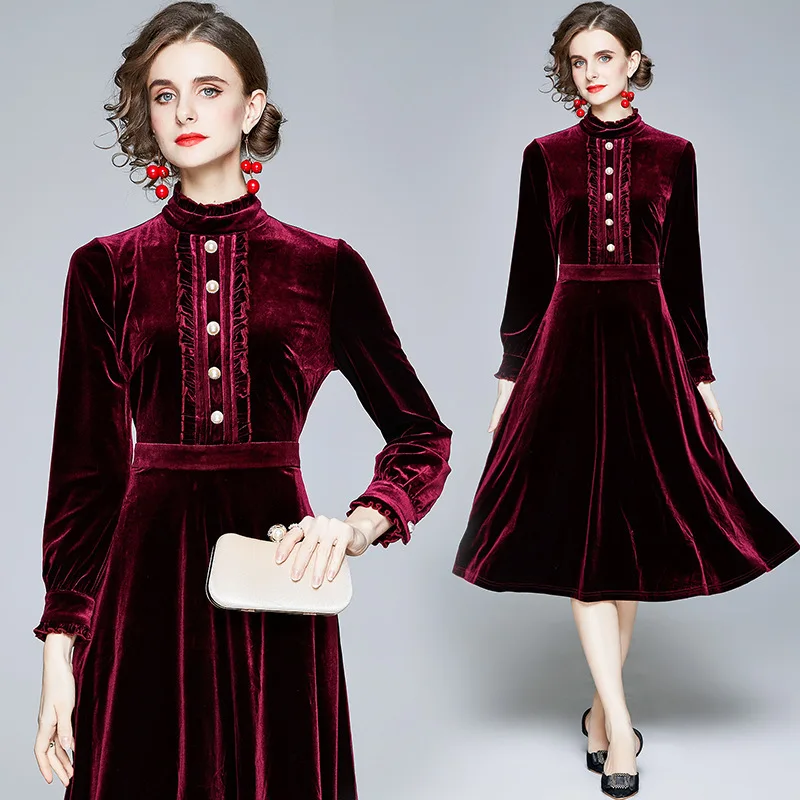 JAMERARY Autumn Winter Velvet Dresses For Women Stand Collar Single Breasted Pearls Long Sleeve A Line Midi Vestidos Lady