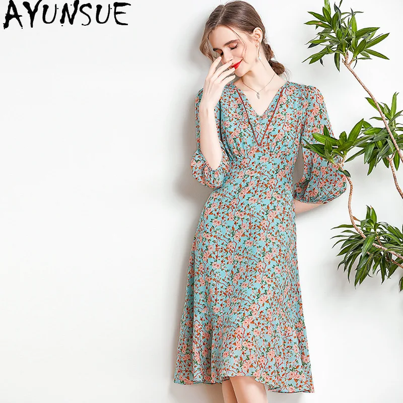 AYUNSUE-vestido de seda de morera para mujer, ropa con estampado elegante, moda de verano, francés, 100%