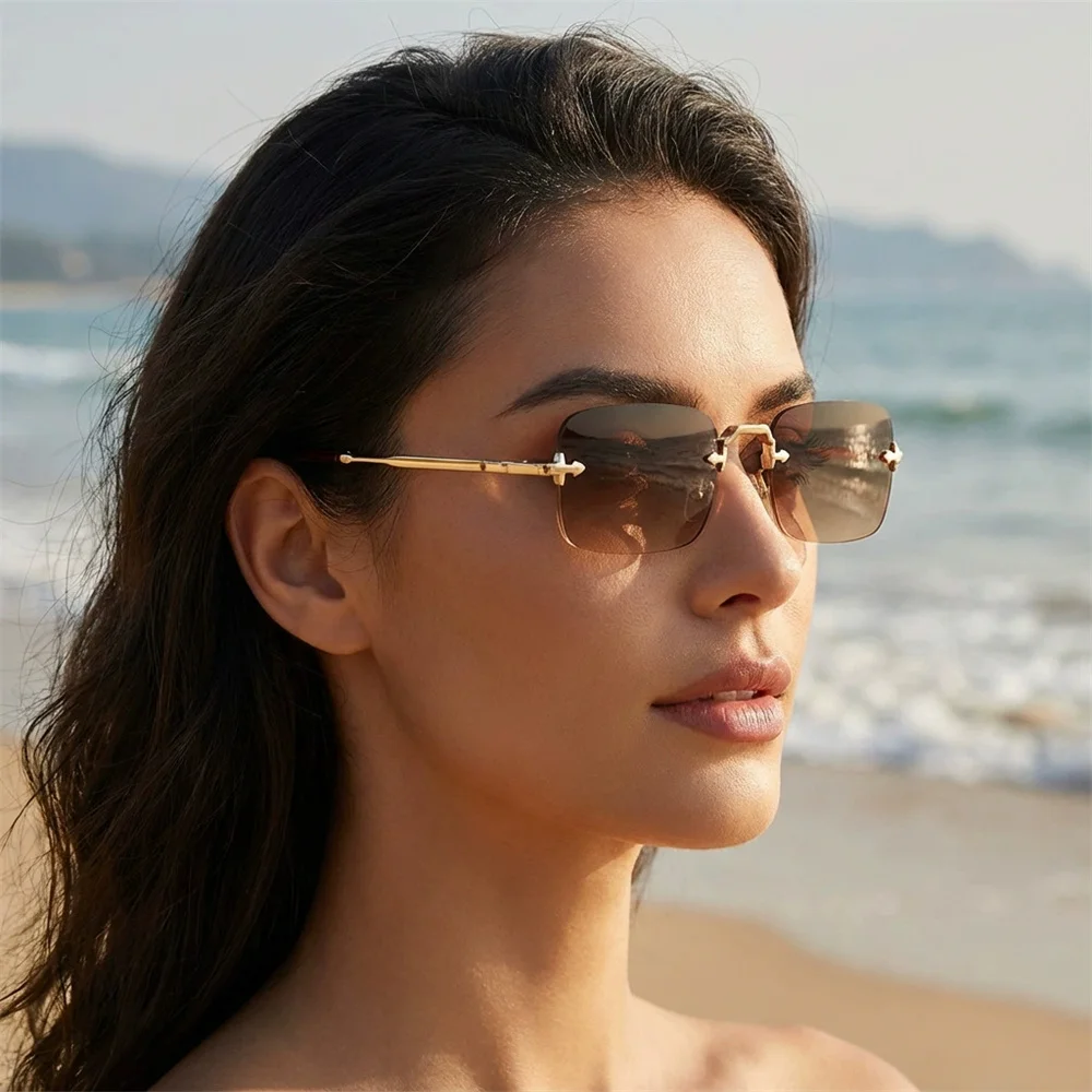 2026 Y2K Luxury Retro Double Bridge Frameless Polarized Sunglasses For Women UV400 Square Lenses Fashion Street Outdoor Eyewear