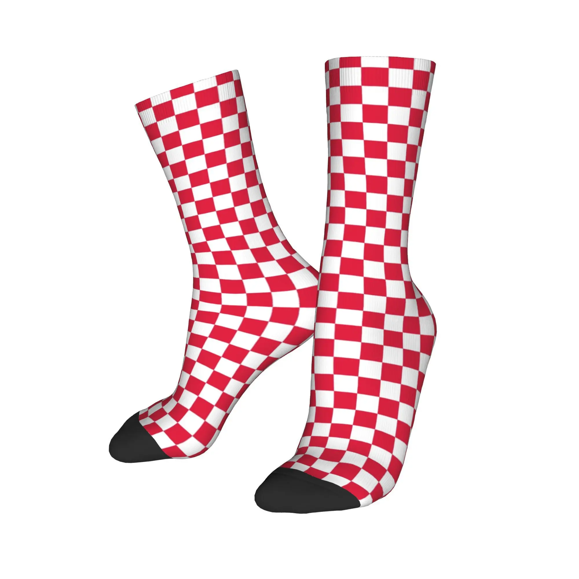 

Custom White and Crimson Red Checkerboard Mens Crew Socks Unisex Fun 3D Printed Plaid Geometric Dress Socks