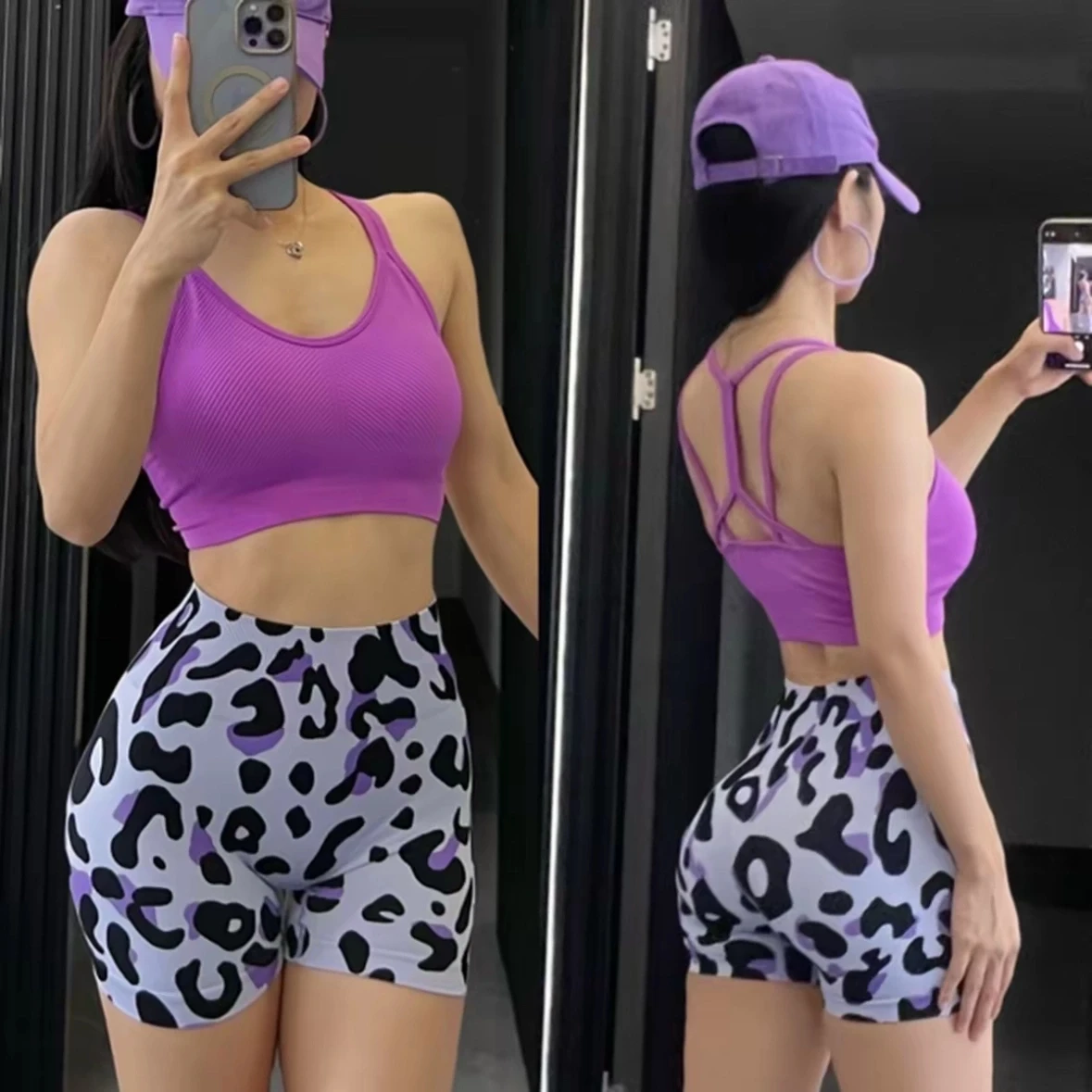 

2pcs summer sexy leopard print shorts peachy butt fitness set women's tight thin strap beautiful back shockproof sports bra