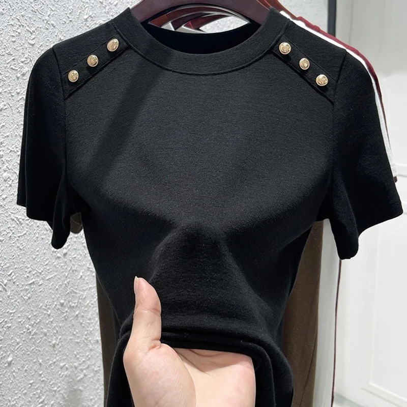 Crewneck Short-sleeved T-shirt Women's 2025 Summer Loose Base Shirt Cotton T-shirt Slim-fit Slimming Top