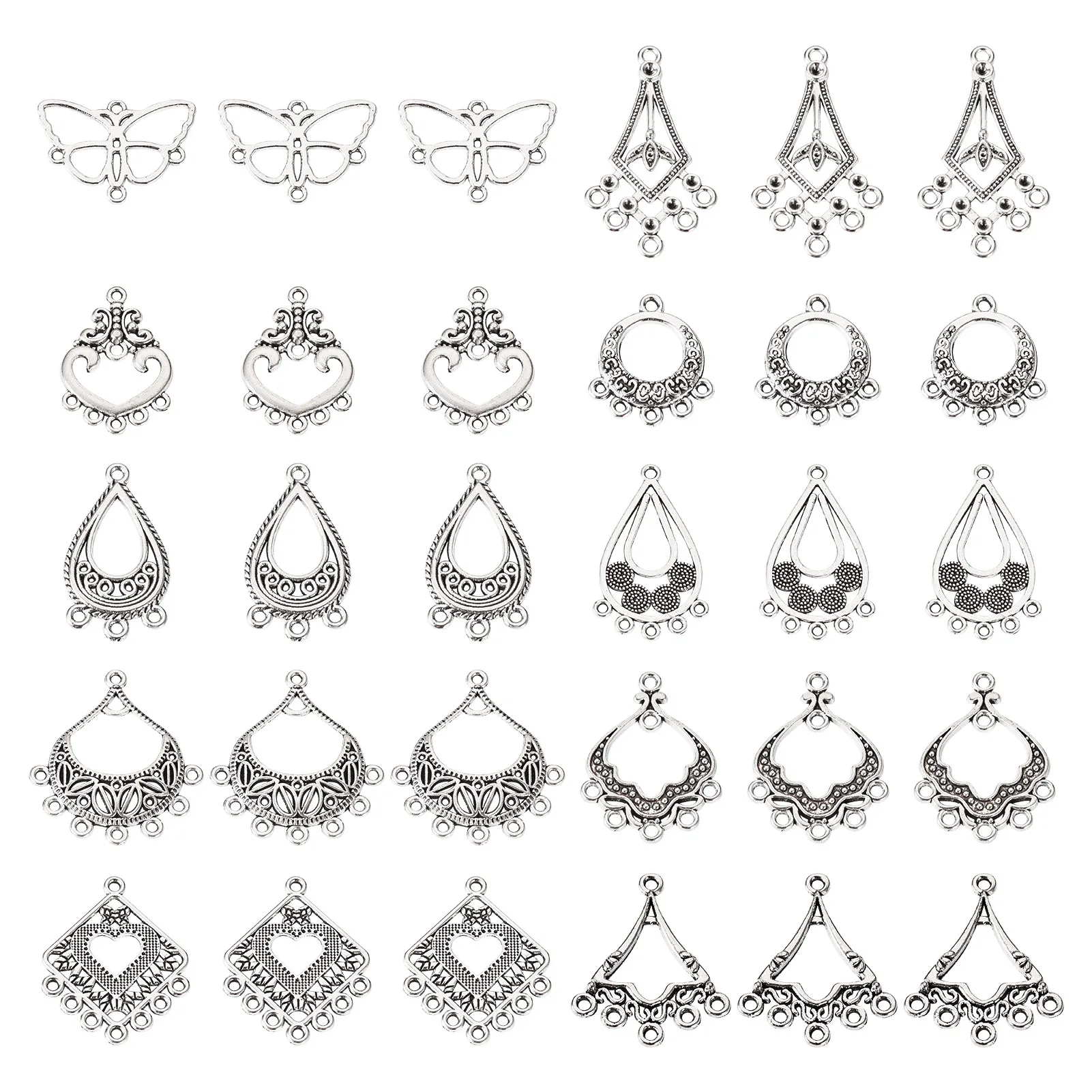 60Pcs Tibetan Style Meatl Chandelier Component Links Hollow Links Antique Silver Teardrop & Kite & Butterfly for DIY Jewelry