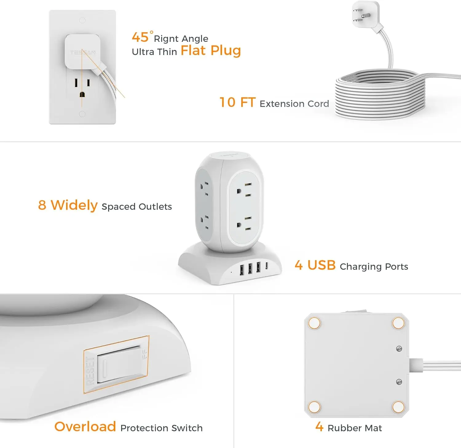 TESSAN Multi-contact Surge Protector Tower Power Strip 8 Outlets AC and 4 USB(1 Type-C) Dorm Travel Essentials Dorm Travel