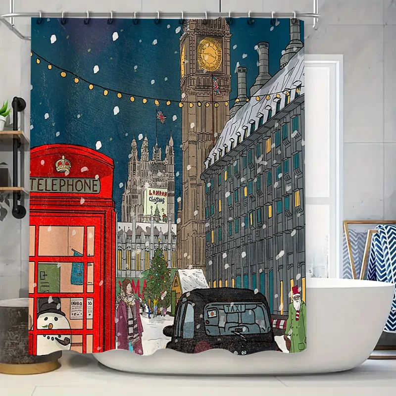 

London Christmas Shower Curtain Festive Winter Holiday Decor Bathroom Set Vintage Cityscape Home Decor Gift