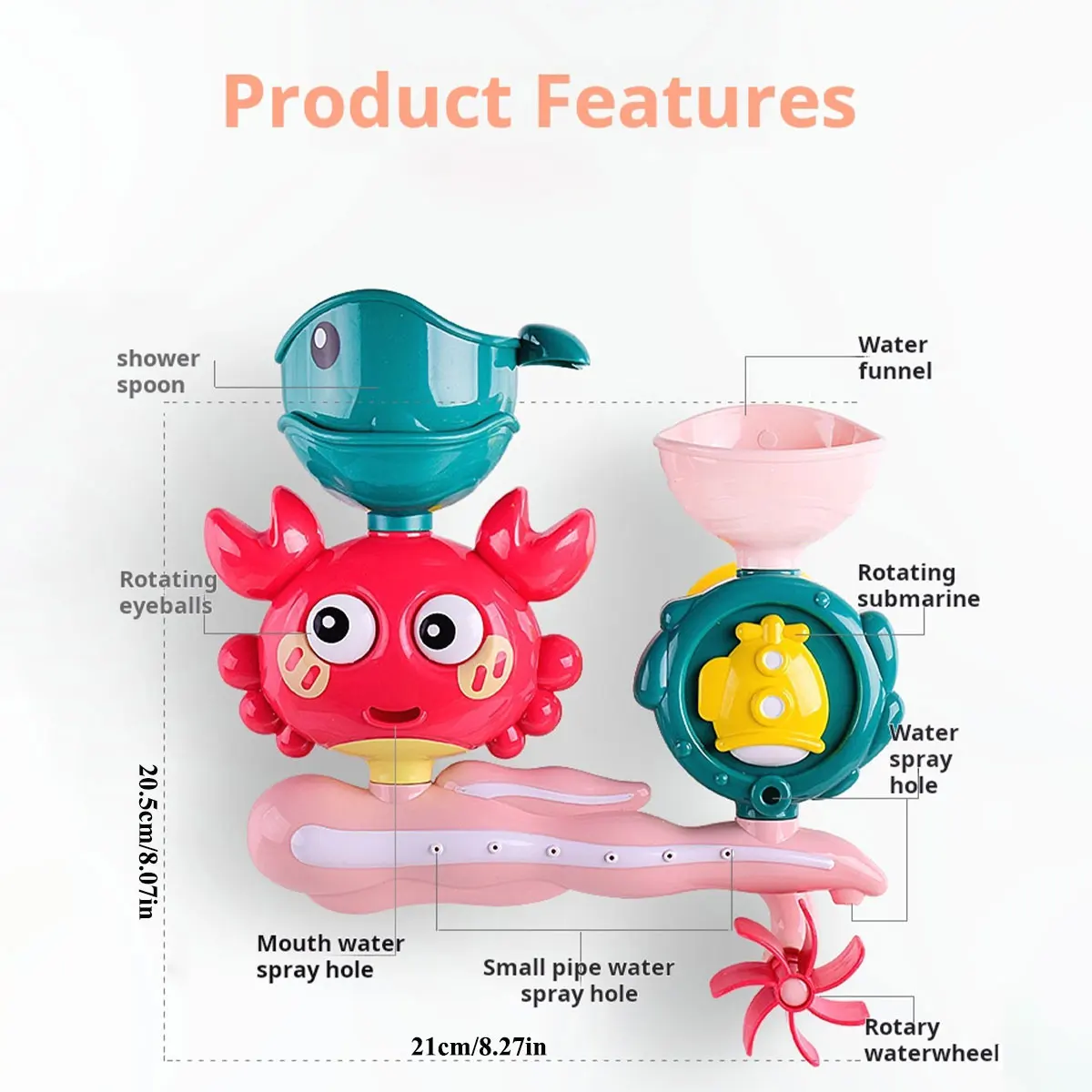 لعبة حمام الماء للأطفال تلعب في عجلة مائية على شكل سرطان البحر للأطفال، مسدس مياه على شكل زهرة ممتع في حوض الاستحمام مع كوب شفط في الحائط هدية للأطفال