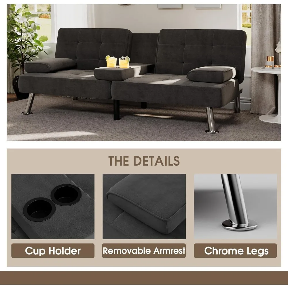 Modern Convertible Futon Sofa Bed with Linen Fabric, Recliner Lounge, 2 Cup Holders for Living Room, Space-Saving Furniture