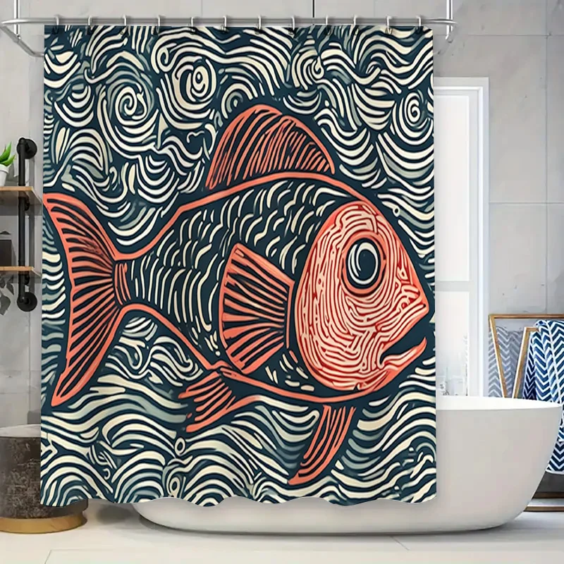 

Vibrant Fish Shower Curtain Modern Bathroom Decor with Waves Pattern Perfect for Bathrooms Vanities Black Orange Red Fabric Prin