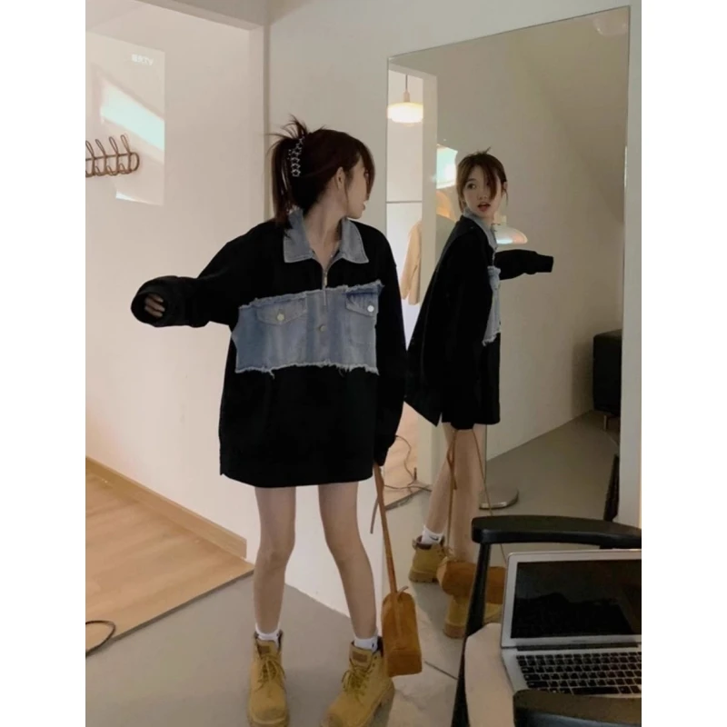 

Large Size 300 Pounds Denim Patchwork Neck Sweatshirt Unisex Spring Autumn New Style Half Zipper Casual Fashion