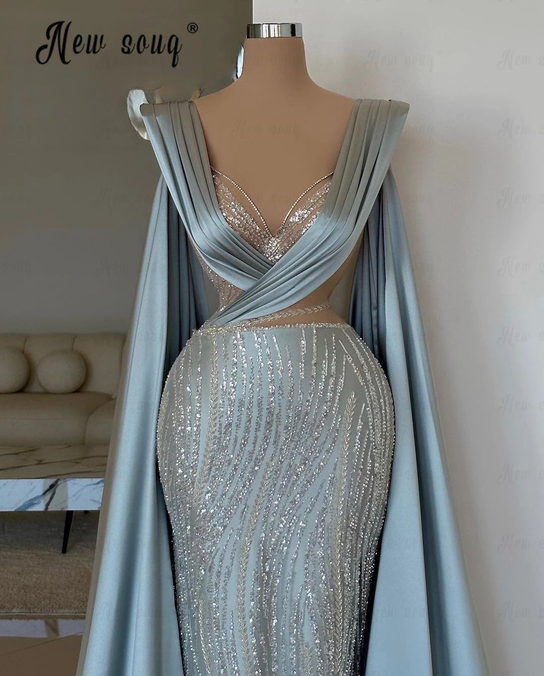 Couture Arabic Long Cape Sleeve Evening Dress Beaded Sheath Formal Robes Celebrity Occasion Dresses Pageant Event Gowns Custom