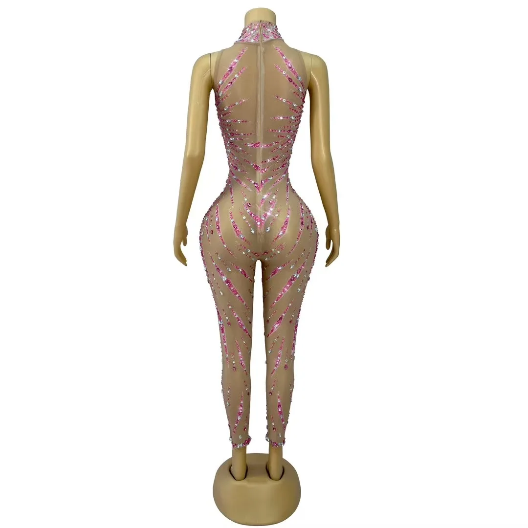 سباركلي الوردي الراين ضيق شبكة بذلة المرأة مثير أكمام أداء ملابس رقص شارع العليا نادي المرحلة ارتداء #3