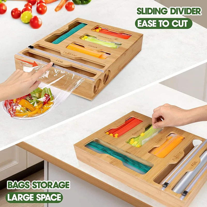 Bamboo Ziplock Bag Organizer Aluminum Foil Organization And Storage Plastic Wrap Dispenser With Cutter For Kitchen Drawer