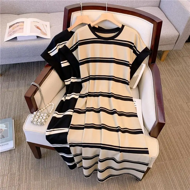 Women Plus Size L-4XL Stripe T Shirt Dress Short Sleeve O Neck Fashion Y2K Dresses 2024 New Summer Clothing Casual KoreanBobe