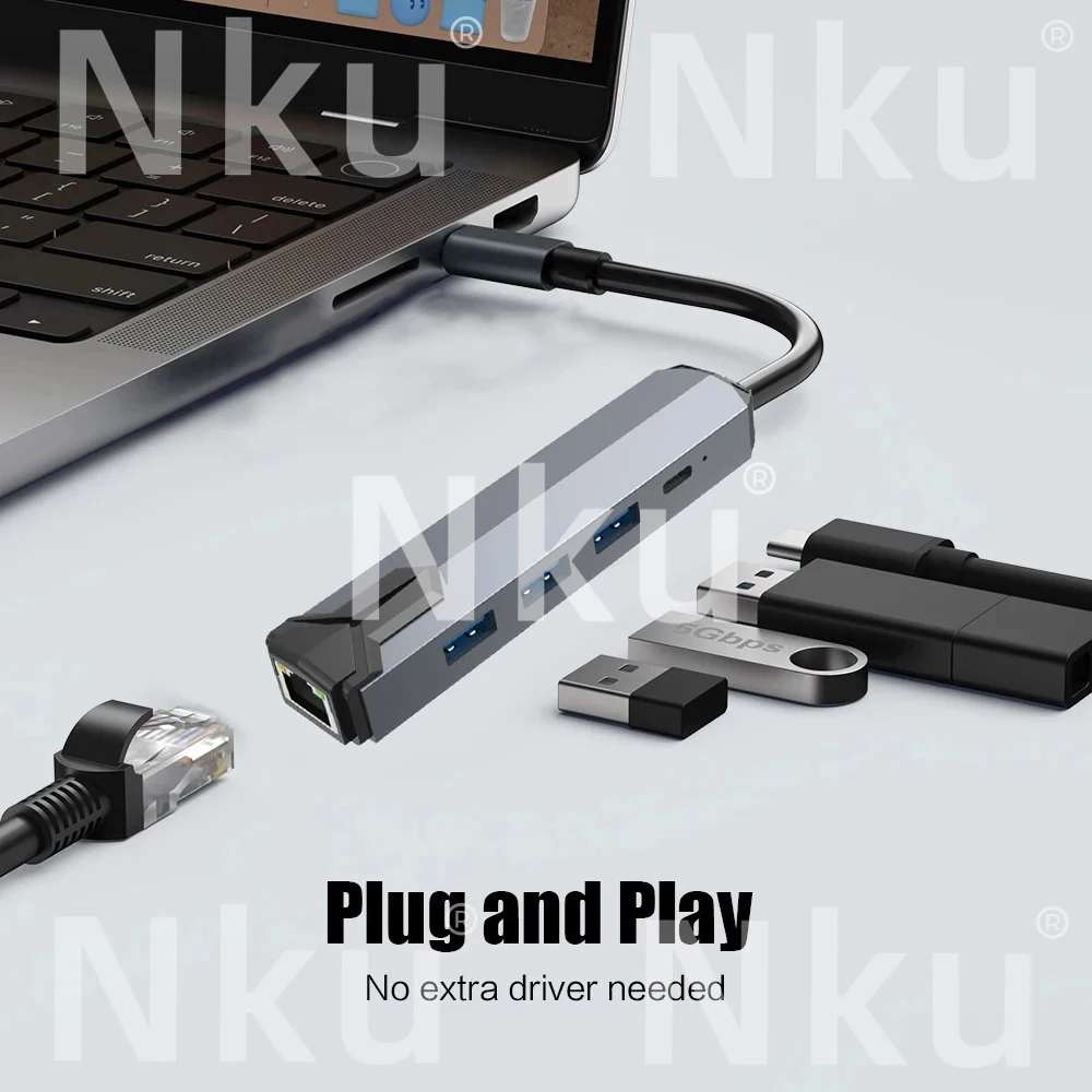 

5 in 1 USB C Hub Gigabit Ethernet Adapter 1000Mbps RJ45 Ethernet, 3x USB 3.0 Data Ports, PD 100W, USB C LAN Dongle for Laptops