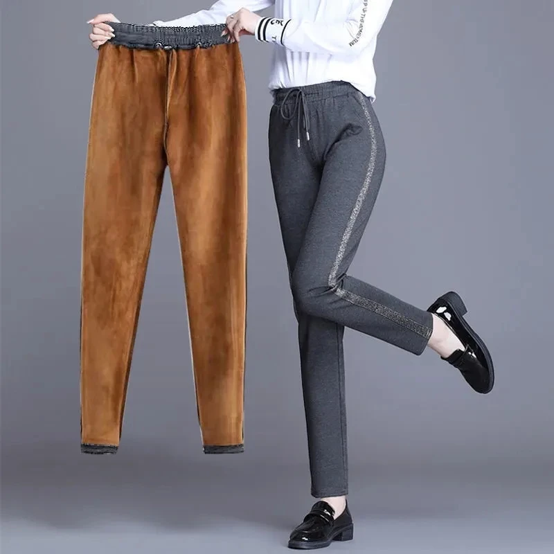 Calça casual de harém térmica feminina, calça justa, calça esportiva grossa, comprida, inverno, 2023