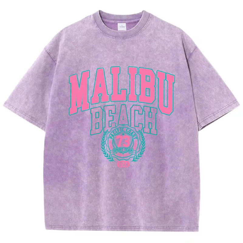 T-Shirt en Coton Délavé pour Femme, Vêtement de Rue, Malibu, Plage, Simple, Lettres Imprimées, à la Mode, Décontracté