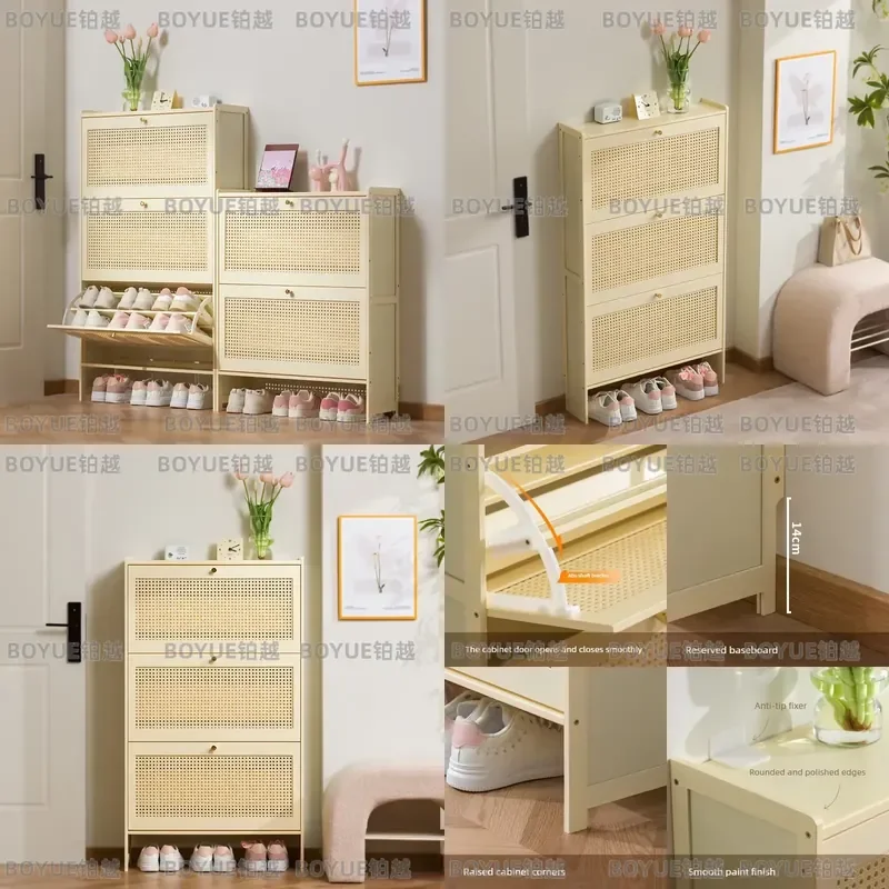 Cream Style Multi Layer Bamboo Wood Shoe Cabinet Dust Proof Narrow Wall Mounted Flip Storage Rack for Entryway Home