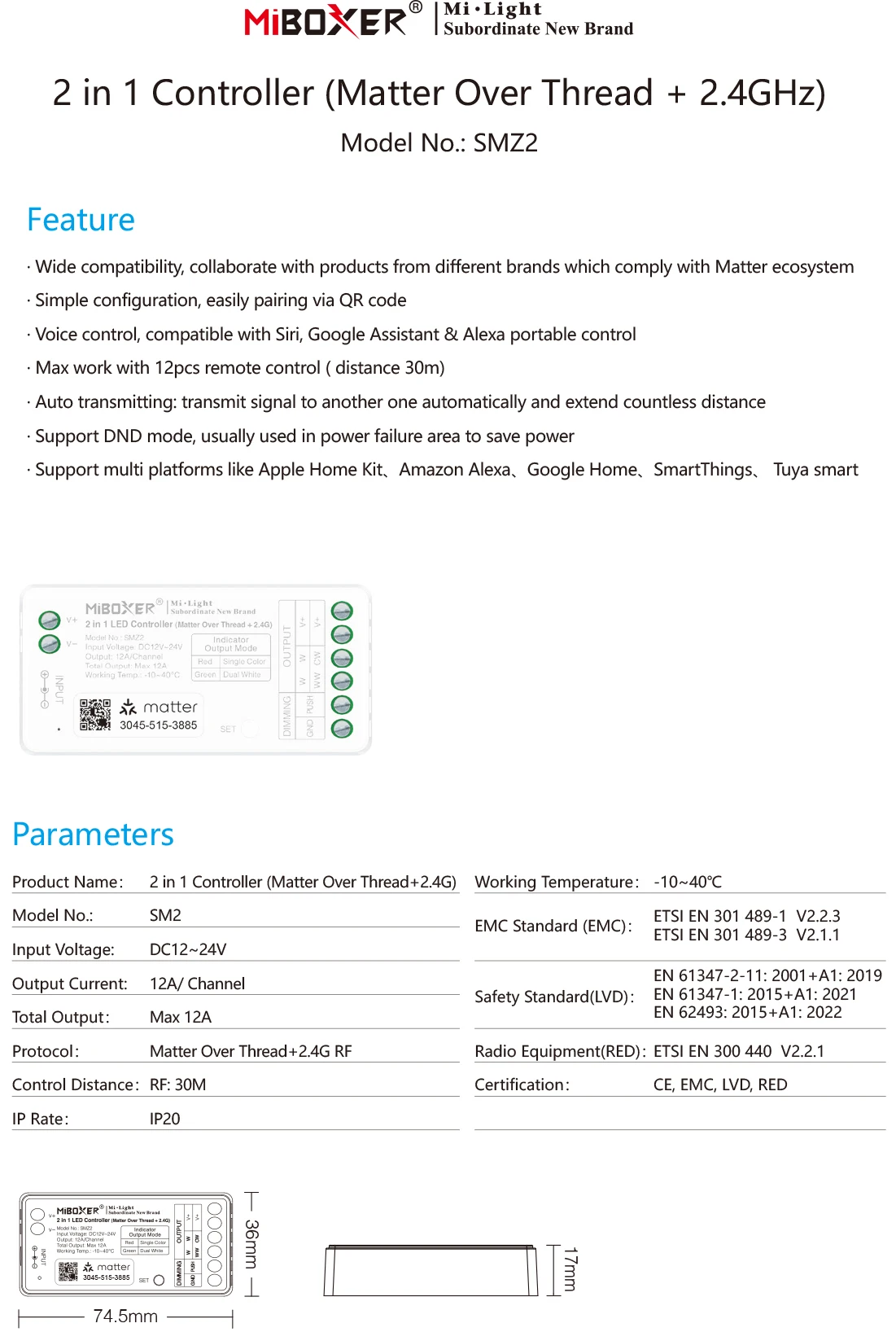Miboxer MLZ5 DC12-48V 5in1 Controller Matter Over WiFi+2.4GHz Tuya APP WIFI Control Single/Double Color RGB RGBW RGBCCT Strip