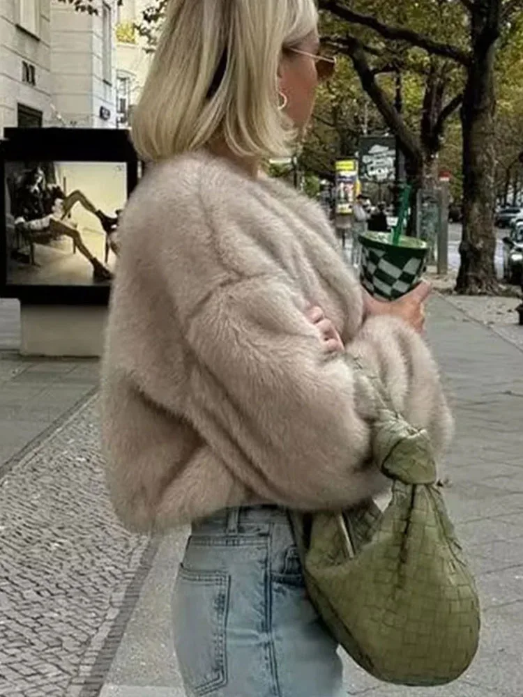 HH, ropa de calle de invierno para mujer, Chaqueta corta con efecto de piel sintética, abrigo Retro de Color sólido con cuello redondo, Top térmico holgado de manga larga para mujer