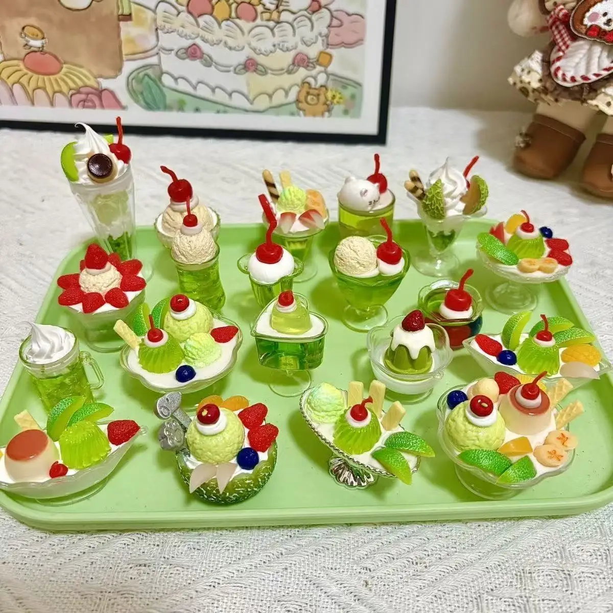 Showa Mini Honeydew Melon Soda Jelly Ornaments Mini helado Original 2D Photoglass Lindo Accesorios Goteo Regalo Decoración de la habitación