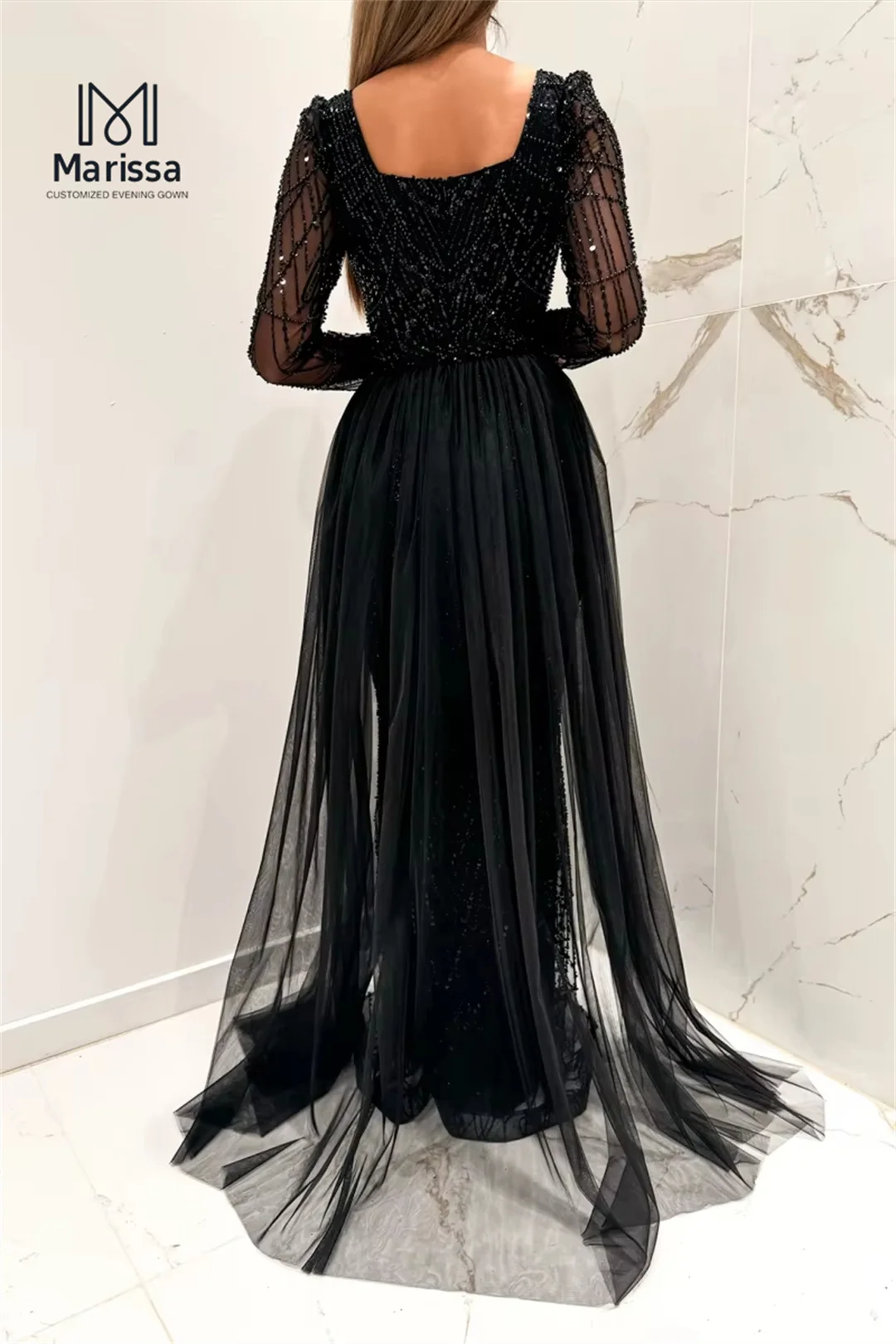 マリッサ ロング フィッシュテール パーティードレス ウェディングドレス カスタムメイド スパンコール ビーズ 刺繍 プロムガウン スクエアネック ロングスリーブ