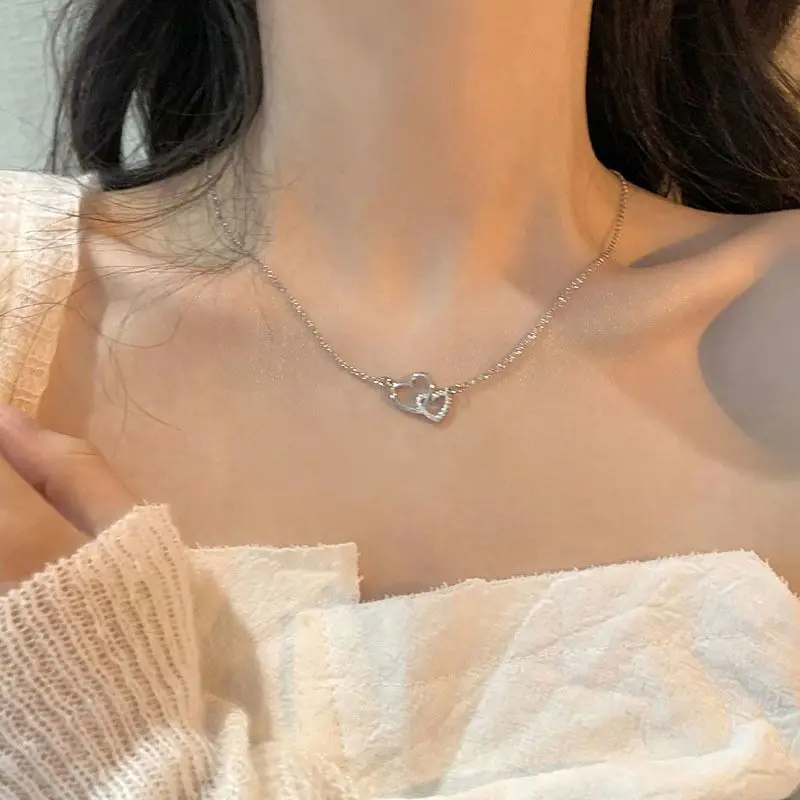 2024 Double Heart Pendant Necklace for Women Couple Choker Gold Silver Color Chain Wedding Party Friends Jewelry Gifts Wholesale