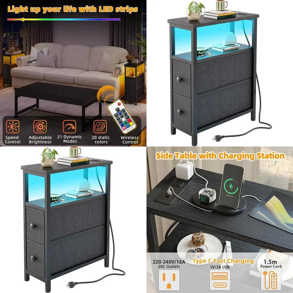 

Черный тонкий приставной столик с тканевыми ящиками, зарядной станцией и LED-подсветкой для спален и гостиных