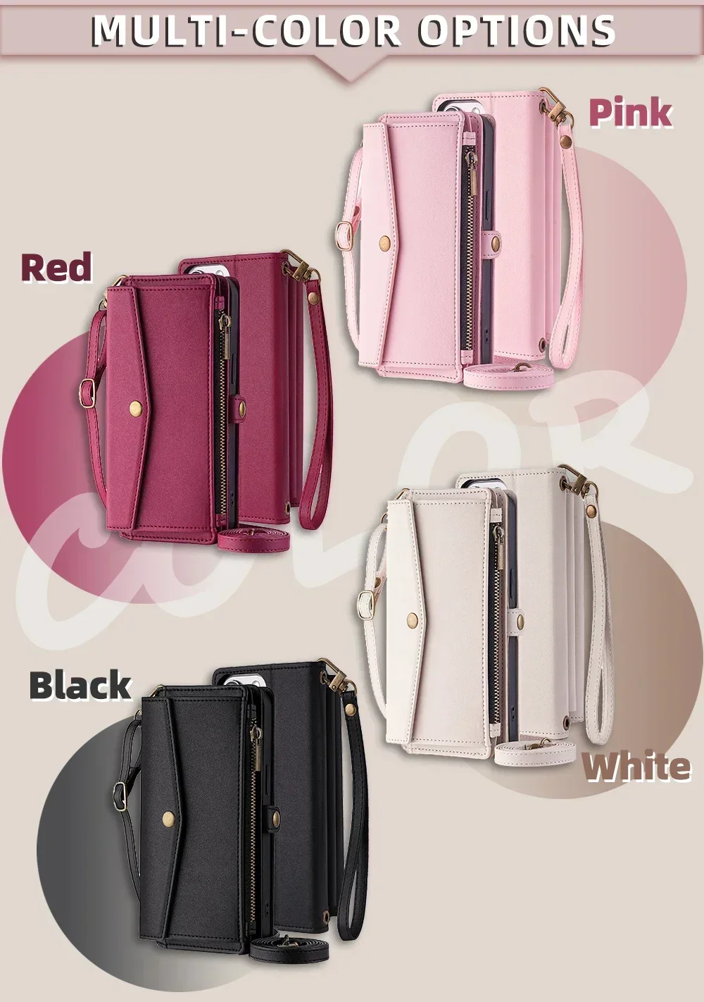 Reißverschluss PU-Leder Brieftasche Buchcover Handyhüllen für iPhone 16 16E 17 Air Pro Plus Max Flip Cover Multifunktionale Berging Bags – Detail 2