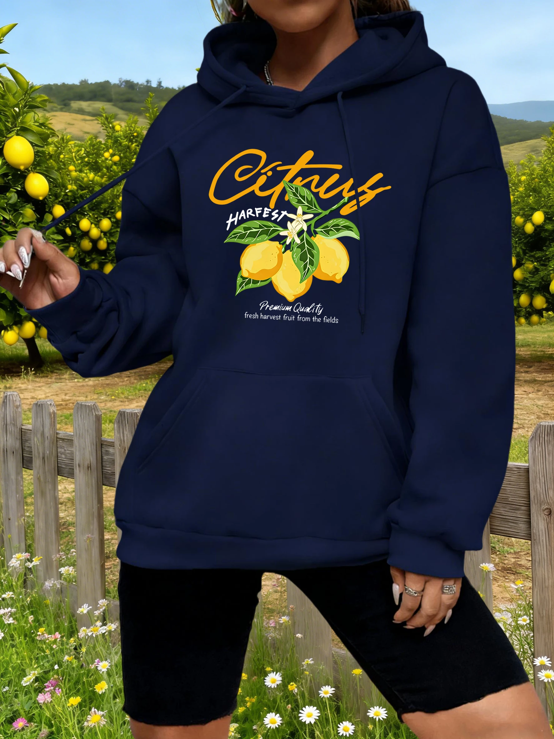 

Высококачественная женская толстовка с принтом «Свежие фрукты и лимоны», свободная, для бега, повседневная, флисовая, спортивная, удобная, осенняя