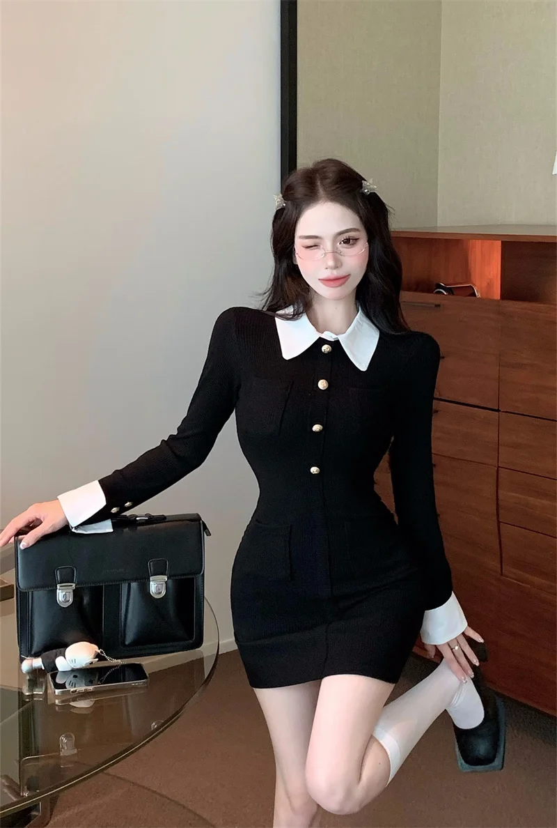 

Women Color Blocking Lapel Black White Slim Autumn Spring New Mini Dress Party Vestido Feminino